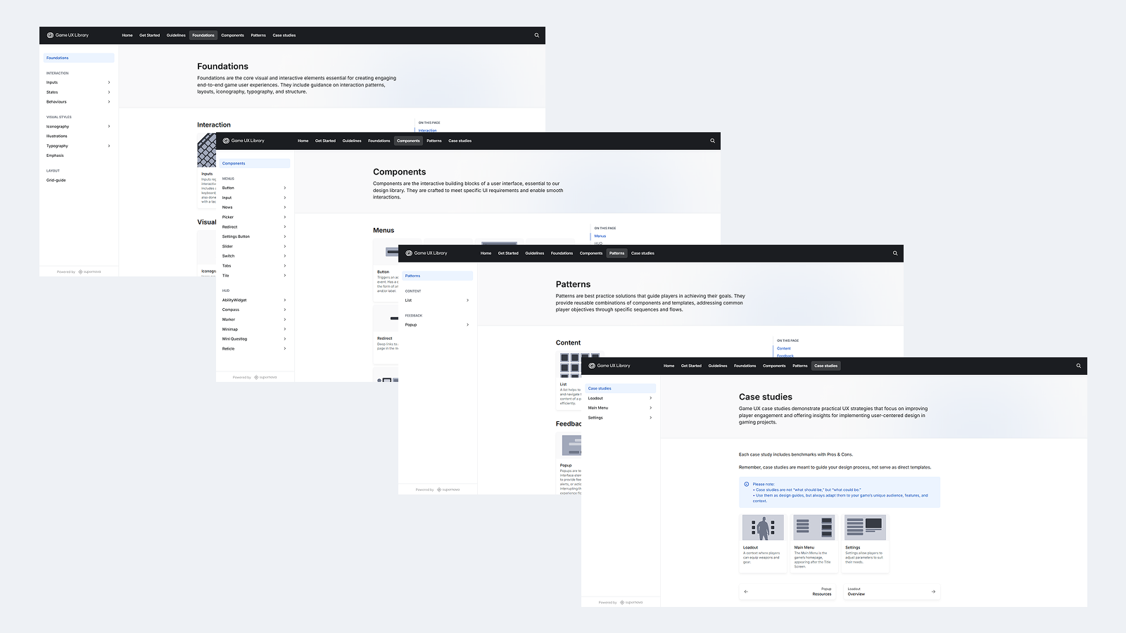 Différentes page du site de documentation de la Game UX Library
