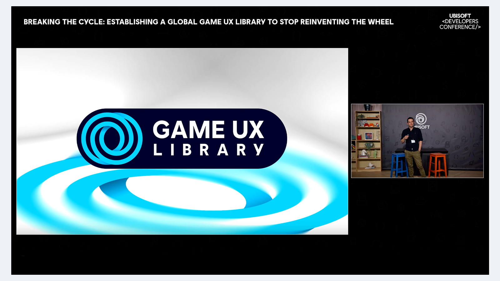Une capture d'écran d'Adrien Morisse présentant la Game UX Library lors de l'événement Ubisoft Developper Conference